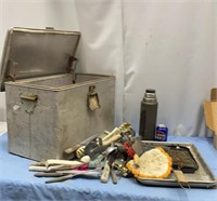 Vintage Galvanized Cooler with Pans, Knives and
