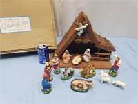 Hand painted nativity set with a wind-up music