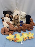 Stuffed animals, bears, rabbits, monkey, ducks,