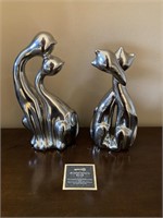 Set of 2 Silver Ceramic Cat Figurines