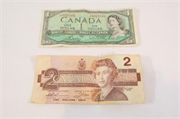 Canada 1954 Dollar Bill & 1986 Two Dollar Bill