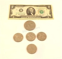 USA $2.00 Bill with Current Half & Dollar Coins