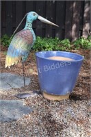 Metal Colorful Heron & Pottery Planter