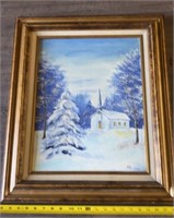 Vintage Framed Snowy Landscape Oil Painting With