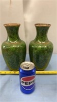 2-Vintage Green Cloisonné Floral Vases