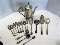 Vintage Silver Plate Serving Utensils & 8" Teapot