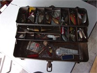 old large leather handle fishing box lure lot etc