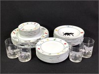 Vtg Pottery Barn Safari Plate & Bowl Set + Glasses