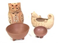 4 Clay Pottery Bowls, Owl Decor & Armadillo Dish