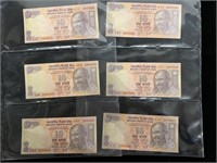 6 India 10 Rupees Banknote w Good Number of
