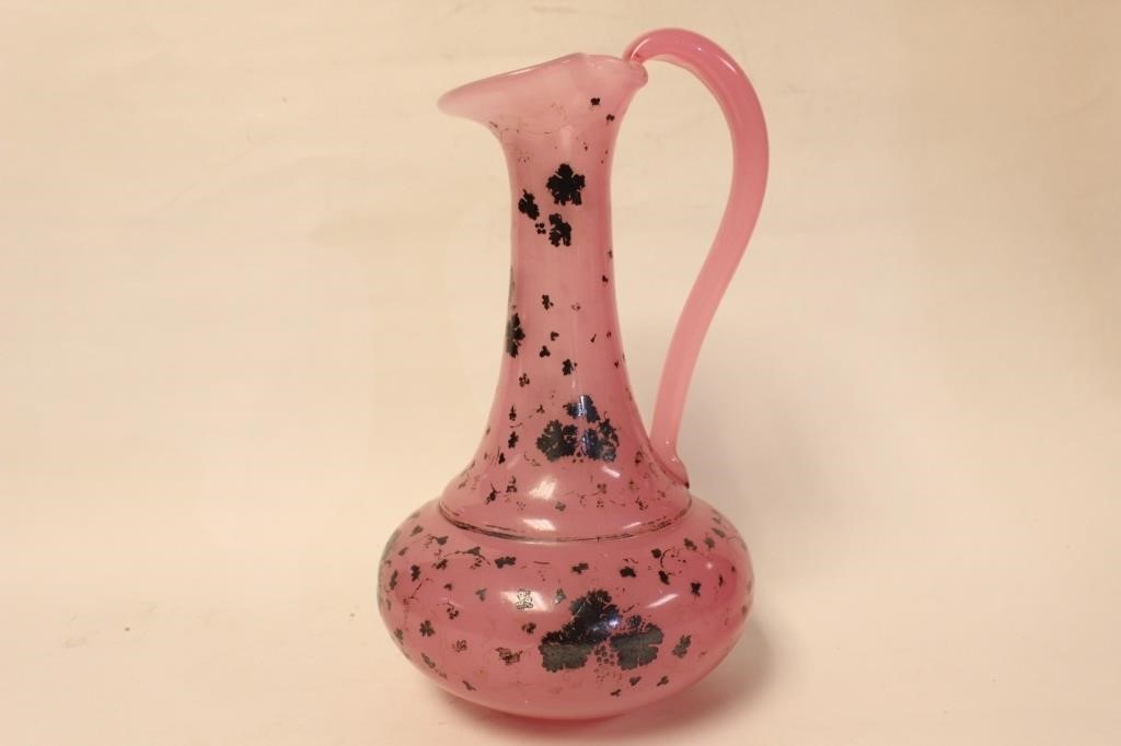 Pink Opaline Art Glass Pitch w Silver Overlay