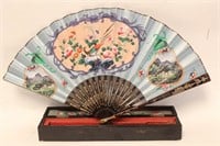 19th.C Chinese Hand Paint Fan w Lacquer Wood Case