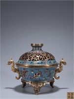Chinese Cloisonne Footed Burner w Handle,Mark
