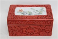 Chinese Red Cinnabar Box w Porcelain Plaque Inlaid