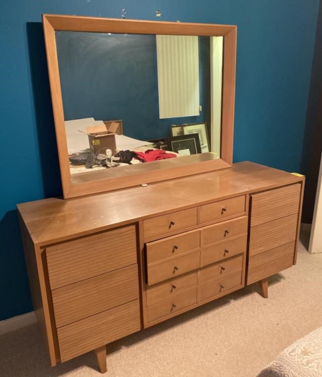 Mid Century Wooden 9-Drawer Dresser with Mirror,