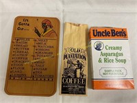 Black Americana grocery list,adv bag,empty UB box