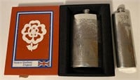 Sheffield Rose English Pewter Engraved Flasks