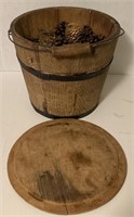 Wooden Bucket with Lid Inc. Pinecones, 10x9in