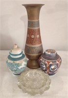 Porcelain Lidded Jars, Brass Vase (1') , & Glass