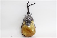 Rare Large Natural Amber Stone w Silver Mount Pend