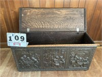 Ornate wood storage box, brass covering (log box)