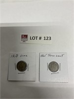 1865 three cent and 1858 dime