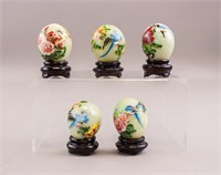Chinese Painted Stone Eggs with Stands 5pc