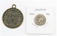 1946 USA Medal and Canadian 5 Cent Coin