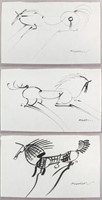 Three Chinese Ink Sketches Horse on Paper Signed