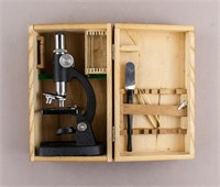 Vintage Metal Microscope w/ Wooden Box