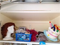 COSTUME SHELF WITH WIGS, HATS, FEATHERS, ETC