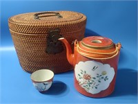 Vintage Hand Painted Oriental Tea Set w/Basket