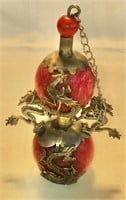 Antique Snuff Bottle Red Stone w/Metal Dragons