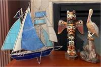 U - STAINED GLASS SAILBOAT,INDIAN ARTIFACT REPLICA