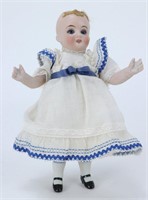 Small Bisque Sleepy Eye Doll w/ Blue & White Dress