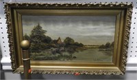 Antique Framed Oil on Canvas river landscape