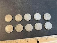 Ten Liberty V Nickels, these are in circulated