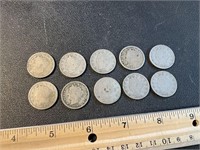 10 liberty V nickels in circulated condition