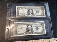 2 blue seal 1 dollar notes, in uncirculated
