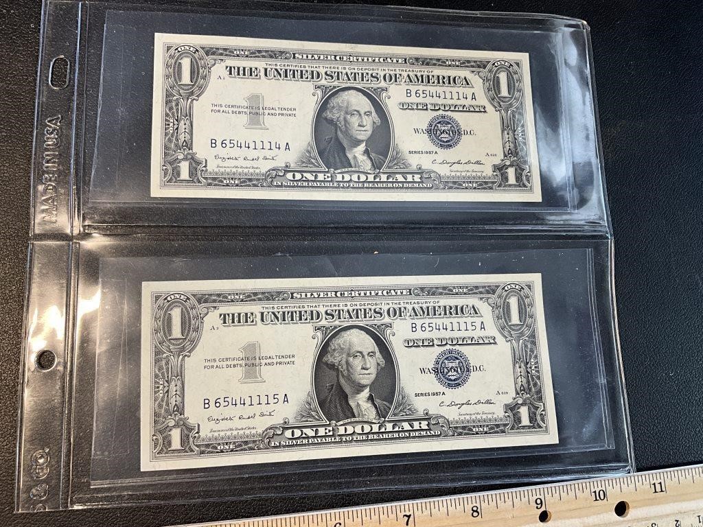 2 blue seal $1 dollar notes in consecutive order
