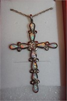 Sterling silver opal Cross with necklace, 2”