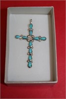 Turquoise sterling Cross pendant, 2”