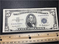 1953 series A $5 blue seal note, lightly