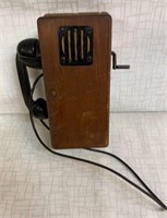 ANTIQUE TELEPHONE WALL W-MAGNETO IN WOODEN BOX