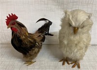2) 12.5” Handmade Feathered Rooster & Owl