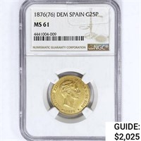 1876[76] Spain .23oz Gold 25 Pesetas NGC MS61