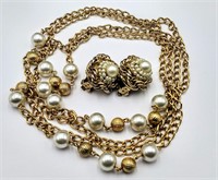Gold Tone Faux Pearl Necklace & Earrings