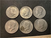 6 assorted Kennedy half dollar coins