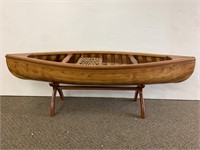 Small wood canoe on stand w/ brass hardware -