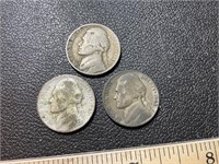 3 1943 Jefferson nickels in circulated condition